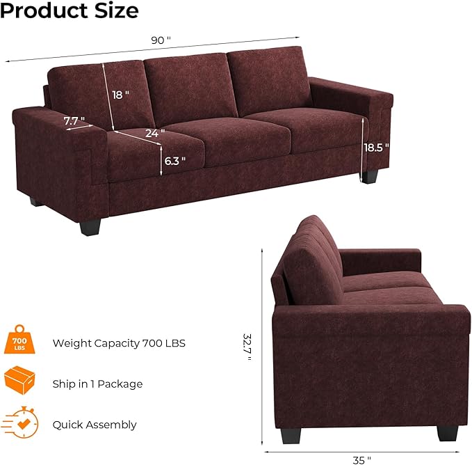 3 Seater Sofa Couch with Deep Seat 90 Modern Upholstered Sofa with Armrests Easy Installation Comfy Couches for Living Room Apartment Burgundy