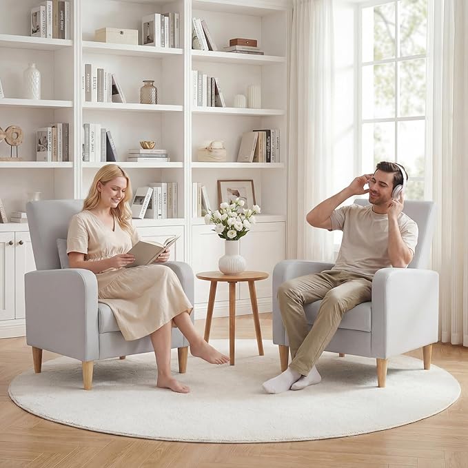 COLAMY Mid-Century Modern Upholstered Accent Chair with Back Pillow &amp Solid Wood Legs Leather Cozy Armchair for Living Room Bedroom Reading Nook Apartment &amp Small Spaces Lightgrey