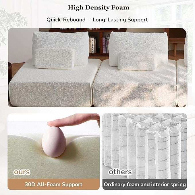 120 White Boneless Sectional Couches for Living Room 3 Seater Couch with Pillow Upholstered Comfy Cloud Couch Deep Seat Sofa No Assembly for Bedroom and Apartment