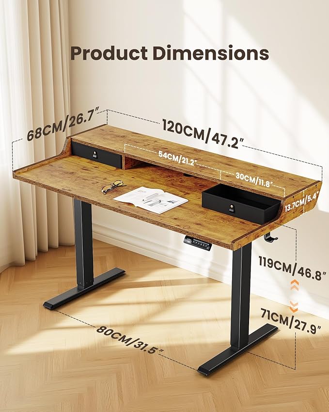 ErGear Electric Standing Desk with Drawers 48″ x 24″ Gaming Table Compatible Monitor Stand Stand up Desks Home Office Height-Adjustable Desk with Storage Shelf 4 Preset Heights Vintage Brown