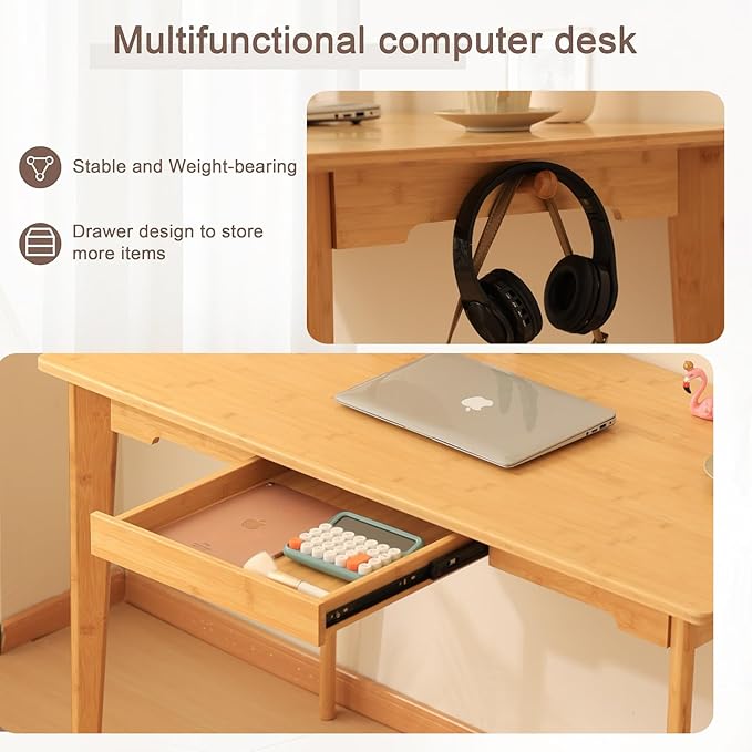 Maydear 47 Bamboo Multipurpose Study Writing Desk with Drawer Modern Simple Computer &amp Laptop Table Dining Table for Bedroom Living Room Home and Office Kitchen Natural