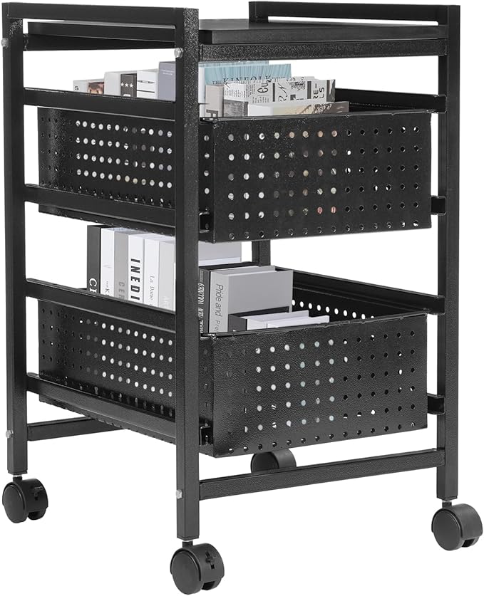 Rolling File Cart Mobile File Cabinet with Storage Drawer Movable Pull-Out Storage Art Craft Organizer on Wheels Utility Cart Storage and Organizer for Home Office (2 Tiers)