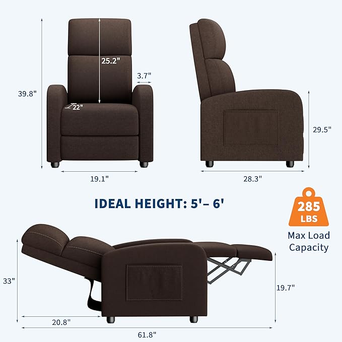 GarveeHome Linen Fabric Manual Recliner Chair with Side Pocket High Backrest Thick Cushion Adjustable Push Back Recliner Lazy Lounge Chair for Living Room Home Theater Bedroom Brown