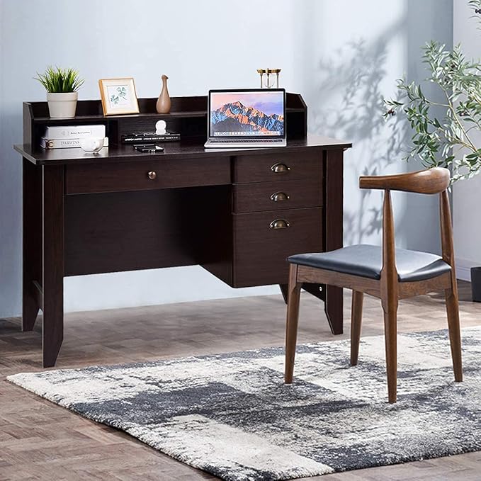 Giantex Topment Wood Computer Desk with 2 Tier Shelves Study and Writing Table with Three Side Drawers Laptop Table with a Smooth Slide-Out Long Drawer Work Station for Home &ampOffice