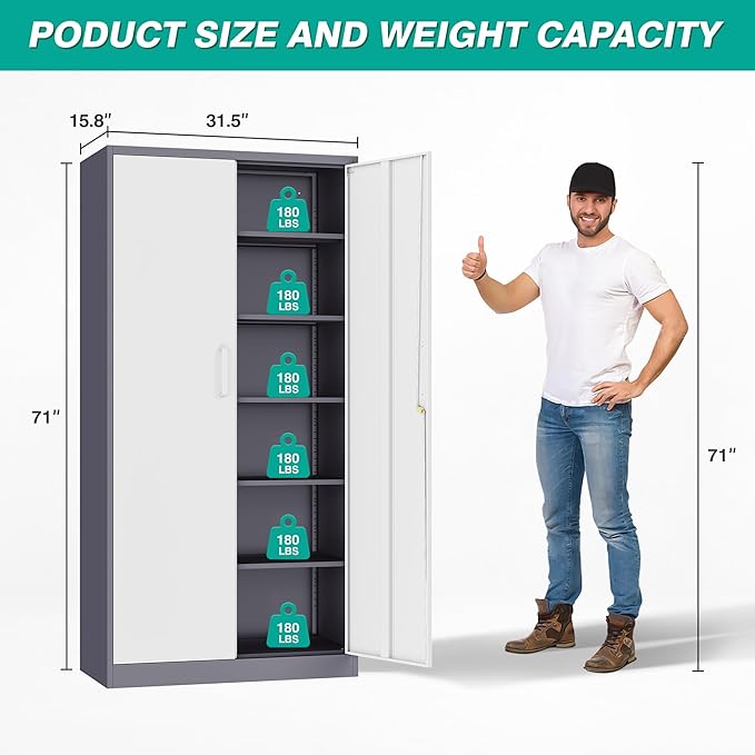Metal Storage Cabinet with 2 Doors and 6 ShelvesGray White Metal Cabinet with Lock71 Lockable Garage Storage CabinetsLocking File CabinetSteel Tool Cabinets for HomeOfficeGarageShopSchool