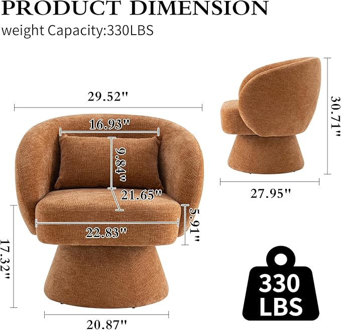 Swivel Accent Chair Sherpa Bucket Chair Velvet Upholstered Armchair 360° Swivel Bucket Shaped Armchair with Pillow and Round Back for Living Room Bedroom Nursery (Orange)