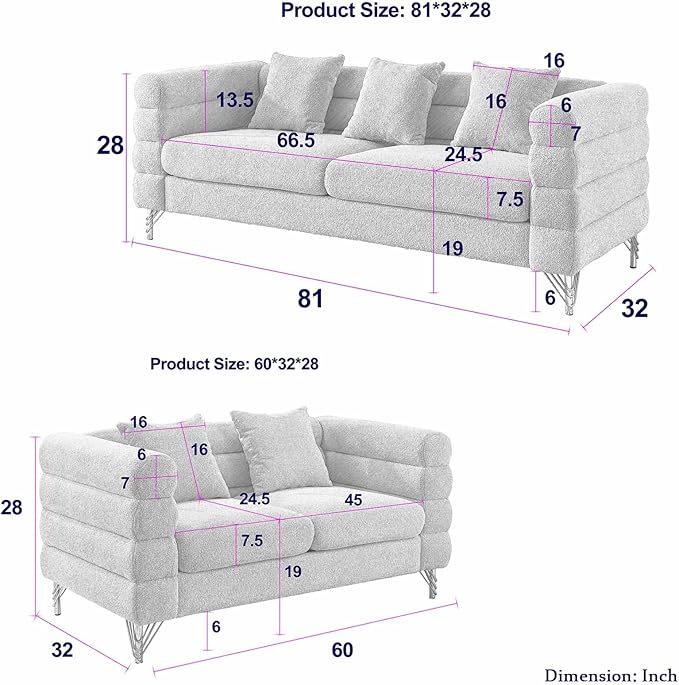 Comfy Loveseat Sofa 60-inch 2 Seater Boucle Couch with Deep Seat Design Upholstered Love Seat with 2 Pillows Modern Living Room Sofa with Stylish Metal Legs for Office Waiting Room Black Teddy