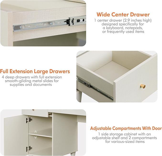 WAMPAT Desk with Drawers &amp Storage Cabinet 58 Inch Beige Wood Desk with Charging Station Modern Home Office Large Wooden Executive Computer Desk Vanity Desk for Bedroom