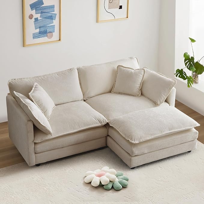 76.7” Modular Sectional Sofa L-Shaped Convertible Couches 2 Seater Chenille Deep Seat Cloud Couch with Pillows and 1 Ottoman for Living Room Apartment Office(Khaki)
