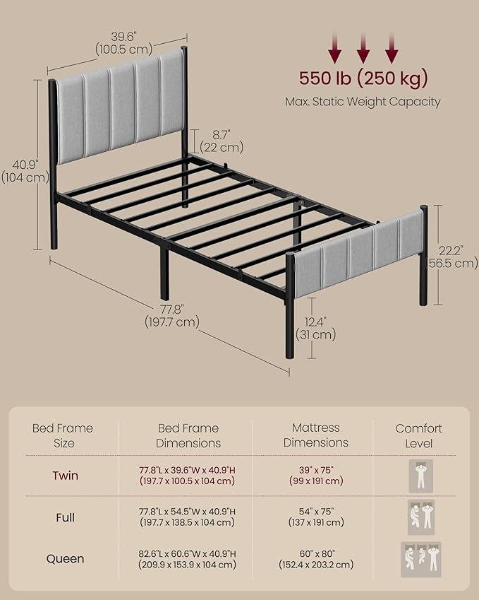 VASAGLE Twin Bed Frame with Upholstered Headboard Metal Bed Frame Twin Size with Footboard 550 lb Weight Capacity Steel Slats Easy Assembly No Box Spring Needed Dove Gray URMB983G01V1