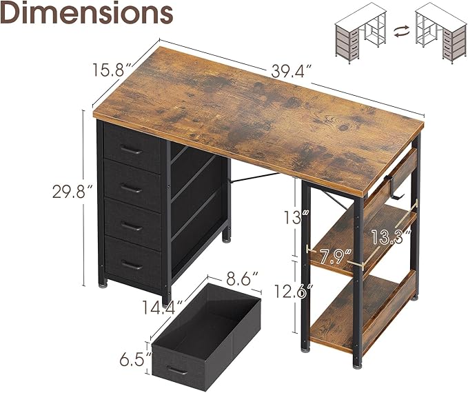 Casaottima 40 Inch Small Computer Desk with 4 Fabric Drawers Modern PC Desk for Small Spaces Home Office Desk with Storage Shelves Vintage
