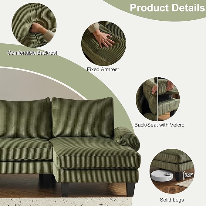 Karl home U-Shape Sectional Sofa Couch 111 Modern 4-Seat Sofa with Chaises Corduroy Fabric Upholstered Covertible Couch with Wood Grain Legs for Living Room Reception Room Apartment Green