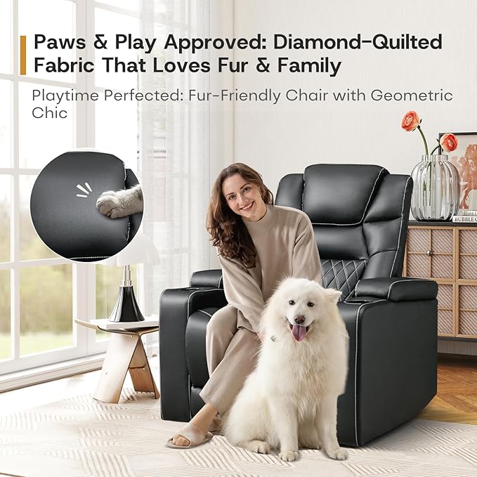 ANJ Power Recliner Chair with USB Port Electric PU Leather Home Theater Seating for Living Room Movie Reclining Chairs with Blue Ambient Lighting Hidden Arm Storage Cup Holders (Black)