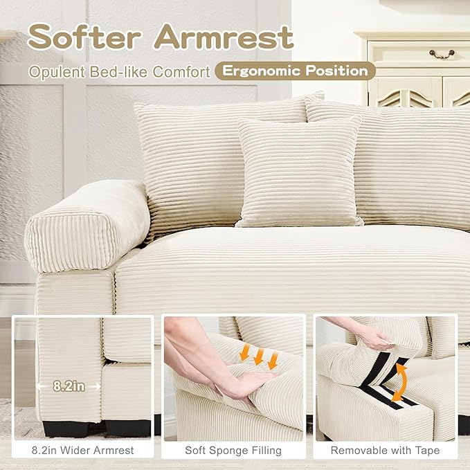 168 Corduroy Sectional Couches for Living Room Beige Comfortable Oversized Sectional Sofa Set with Deep Seat Large 4 Seater with 2 Ottoman Sofas para Sala U Shaped Couch with Chaise Lounge