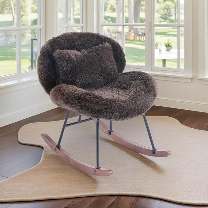 VINGLI 25.6 Extra Wide Nursery 115° Armless Rocking Chair Curved Cute Cross-Legged Glider Chair with Pillow &amp Solid Wood Nursing Chair for Bedroom Living Room Fluffy Fleece Chocolate