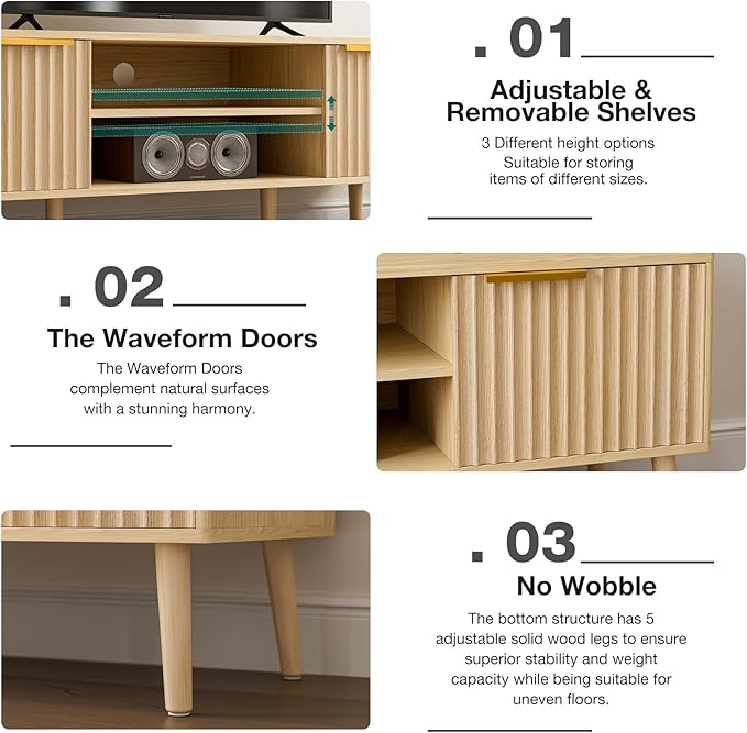 TV Stand for Living Room Boho Entertainment Center for 55/60 inch TVs Media Console with Fluted Door Cabinets and Open Shelves for Bedroom Oak