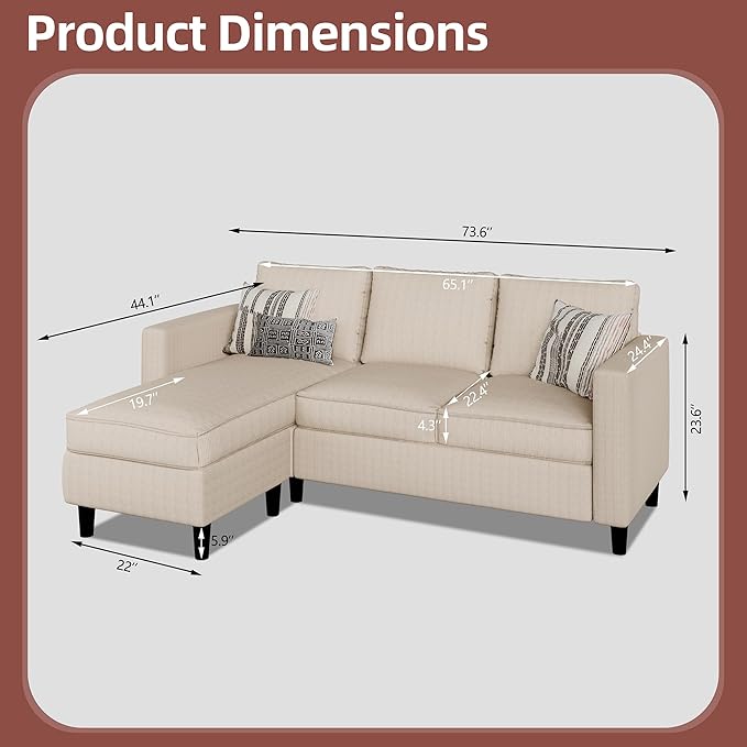 Walsunny 73 Sectional Sofa Couches 3 Seat L Shaped Couch with Ottoman Modern Small Sectional Couches for Small Space Apartment Office Khaki