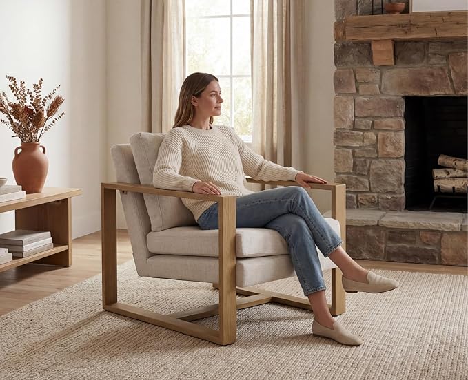 CIMOTA Modern Mid Century Accent Chairs Set of 2 Comfy Armchairs with 8.5 Thick Cushion &amp Armrests Upholstered Reading Lounge Chairs with Natural Wood Frame for Living Room Bedroom Office Beige