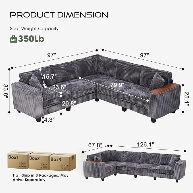 97 Inches Corduroy Couch with 2 Pillows Deep Seat Sectional Sofa Armrests with Two Hidden Storage Space Corner Couch Oversized L Shaped Cloud Couches for Living Room Grey