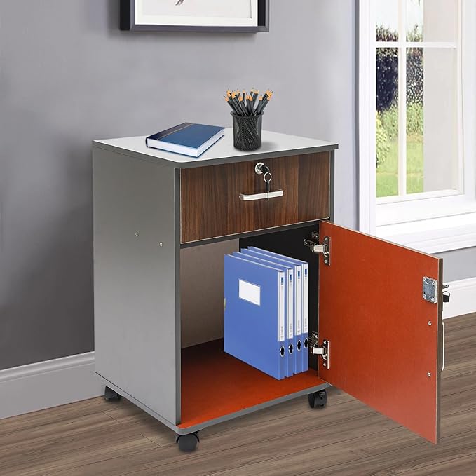 2-Tier Mobile File Cabinet Under Desk Metal Filing Cabinet Modern Small Vertical Rolling Filing Cabinets with Lock and 1-Drawer for Home Office