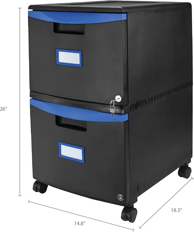 Storex Two-Drawer Mobile Filing Cabinet 2 Legal/letter-Size File Drawers Black/blue 14.75 X 18.25 X 26