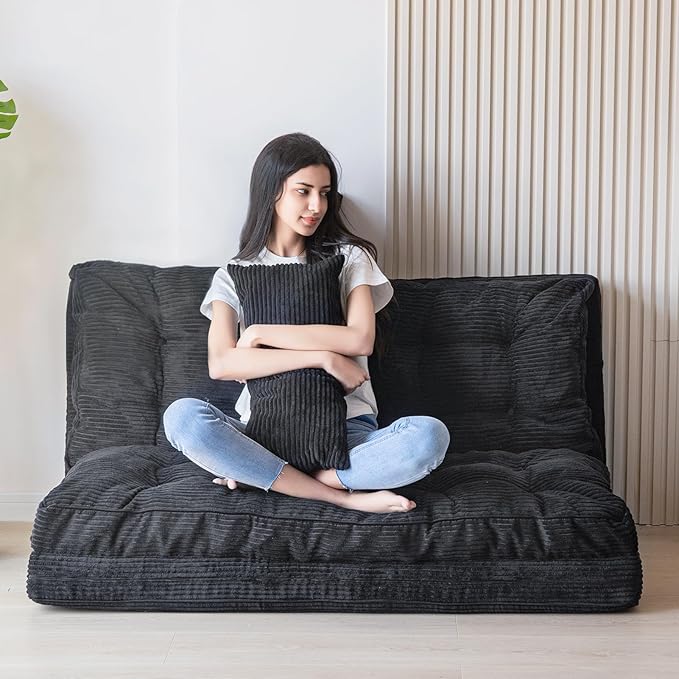 MAXYOYO Folding Sofa Bed Tufted Bean Bag Bed with Pillows Floor Mattress for Adults Extra Thick and Long Floor Sofa Twin Couch for Bedroom Living Room Black 39x91 Inch