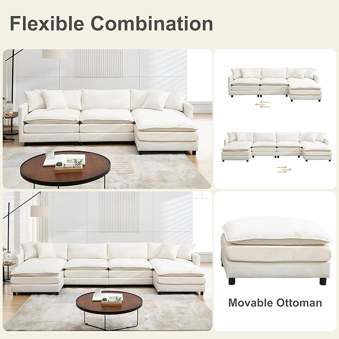 143.31 U Shaped Cloud Modular Sofa with Chaise Lounges Sectional Couches for Living Room Deep Seat Cloud Couch Chenille Comfy with Pillow