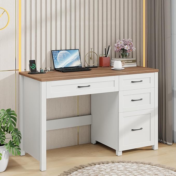Vabches Farmhouse 47 Executive Desk Computer Desk with File Drawer and Charging Station Workstation for Home Office &amp Study（Off White