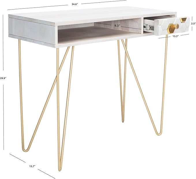 SAFAVIEH Home Office Collection Raveena White Wash and Brass 1-Drawer Hairpin Leg Desk