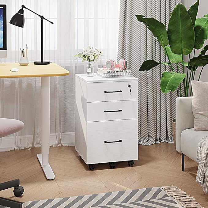 Panana 3 Drawer Wood Mobile File Cabinet Under Desk Storage Drawers Small File Cabinet for Home Office (White)