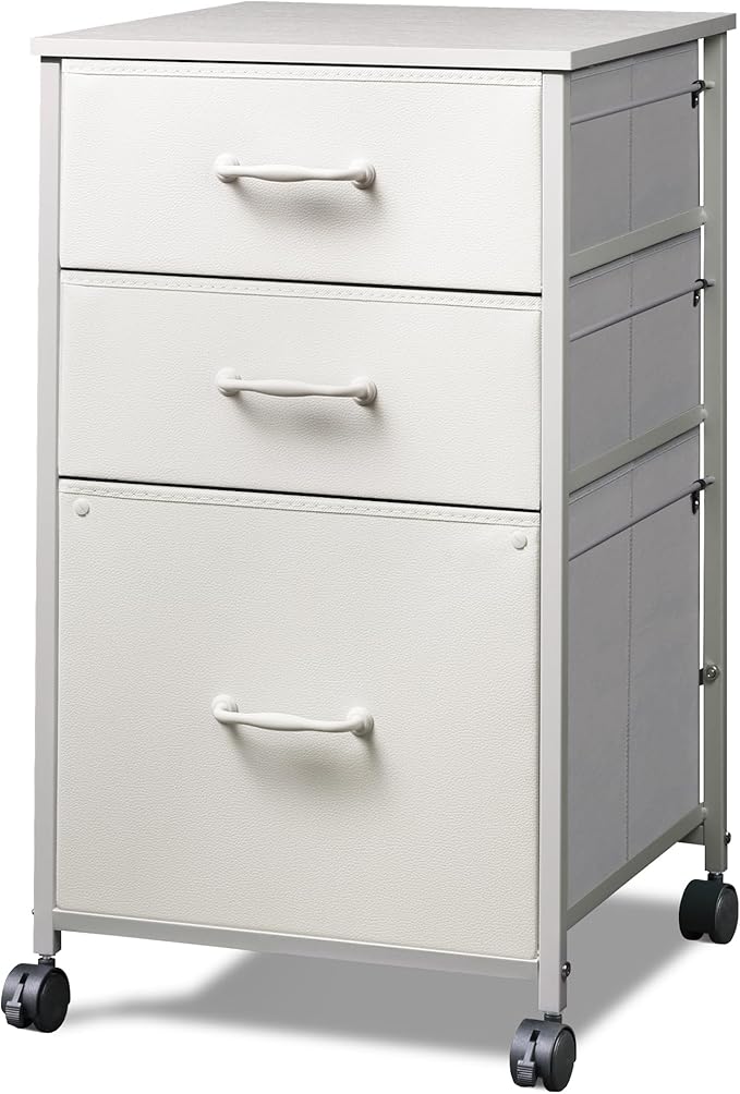DEVAISE Mobile File Cabinet Rolling Printer Stand with 3 Drawers Fabric Vertical Filing Cabinet fits A4 or Letter Size for Home Office White