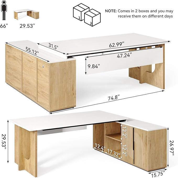 LITTLE TREE 74-Inch Executive L-Shaped Desk with Storage Cabinet &amp Shelves Large Home Office Computer Desk Modern Business Workstation for Professionals (Oak &amp White)