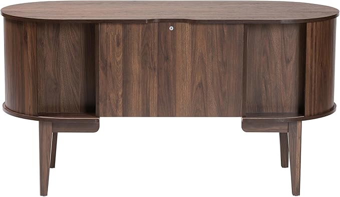 Baxton Studio Hayes Wood Writing Desk - Mid-Century Modern Oval Desk with Locking Drawer and Sliding Tambour Doors for Office or Home