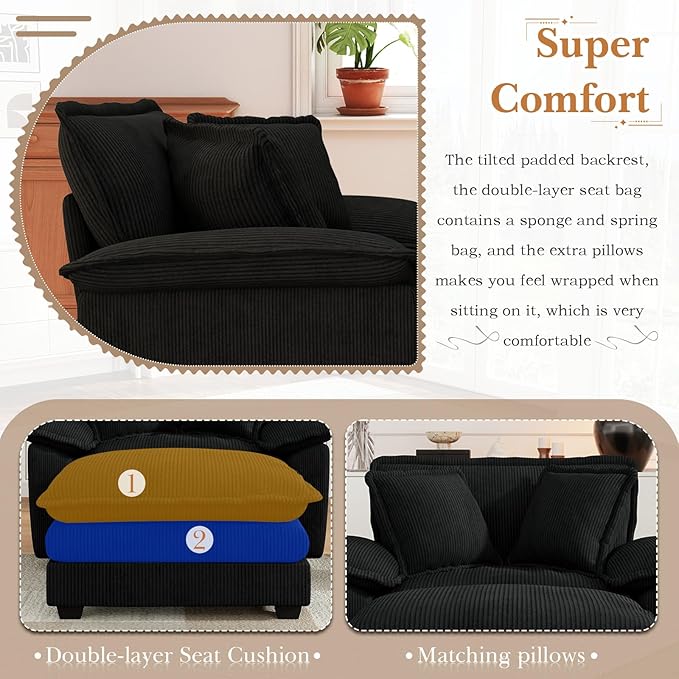 48 W Oversized Chaise Lounge Chair Indoor with Ottoman Upholstered Cloud Accent Chair with Extra Wide Armrests Comfy Green Corduroy Sleeper Chair for Living Room Bedroom Reading (Black)