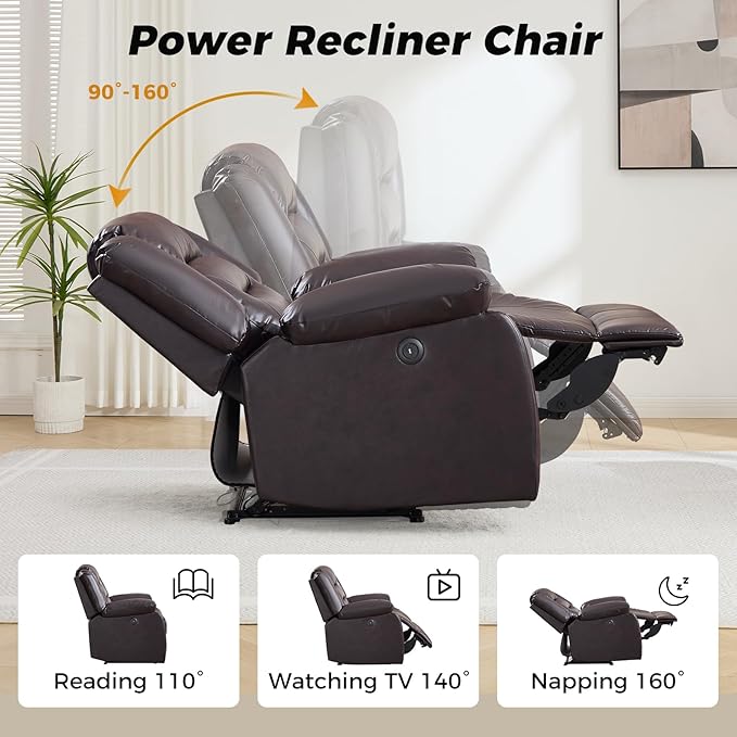 EBELLO Classic Power Recliner Chair Oversized Electric Reclining Chair with Overstuffed Cushion and Back Soft Fabric Adults Single Recliner Sofa for Living Room Set of 2 Brown
