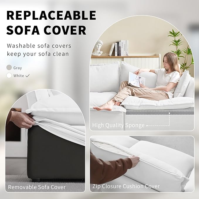 Waterproof OttomanDown Filled Comfort FootrestModular Sectional Cloud Sofa for Living RoomRemovable Washable Covers Couch for ApartmentWhite