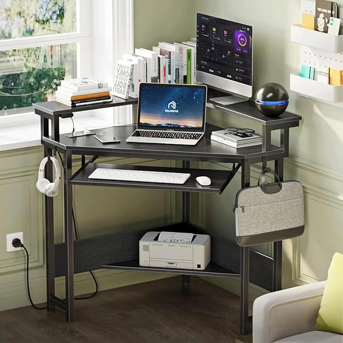 Small Corner Desk with Power Outlet and LED Lights Triangle Corner Gaming Desk with Keyboard Tray Compact Home Office Triangle Table for Small Spaces Home Office Black