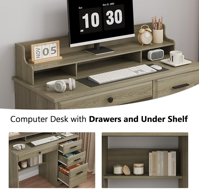 4 EVER WINNER Computer Desk with Drawers Small Desk with Monitor Stand and File Drawer Wood Desk with Storage Writing Desk for Bedroom Home Offic Grey