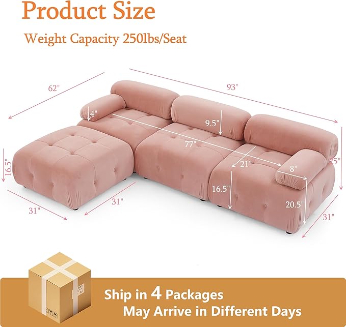 Modular Sectional Sofa 93 Velvet Sectional Cloud Couches for Living Room Modern L-Shaped Sofa DIY Combination Reversible Chaise for Bedroom Apartment Office (Pink Velvet)