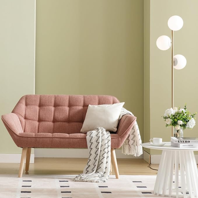 48”Small Loveseat Sofa Modern Linen Upholstered Mini Couch 2-Seater Fluffy Love Seat with Quilting Backs and Wood Legs for Small Space Living Room Bedroom Pink