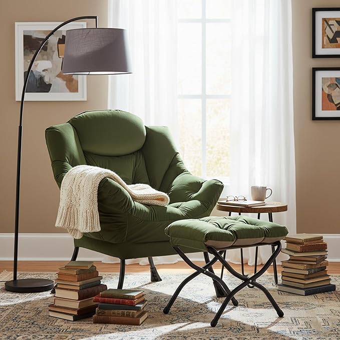 Welnow Lazy Chair with Ottoman Modern Reading Accent Chair with Armrests and a Side Pocket Leisure Upholstered Lazy Sofa Set with Footrest for Small Space Army Green