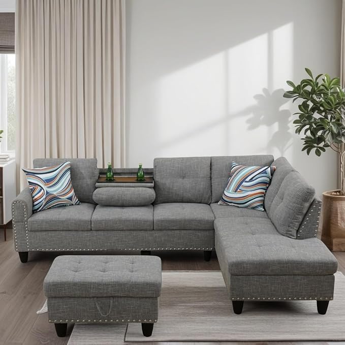 L Shaped Couches for Living Room Sectional Couch Living Room Furniture with Storage Ottoman Modular Sectional Sofa with Movable Chaise for Apartment Office Brown Grey