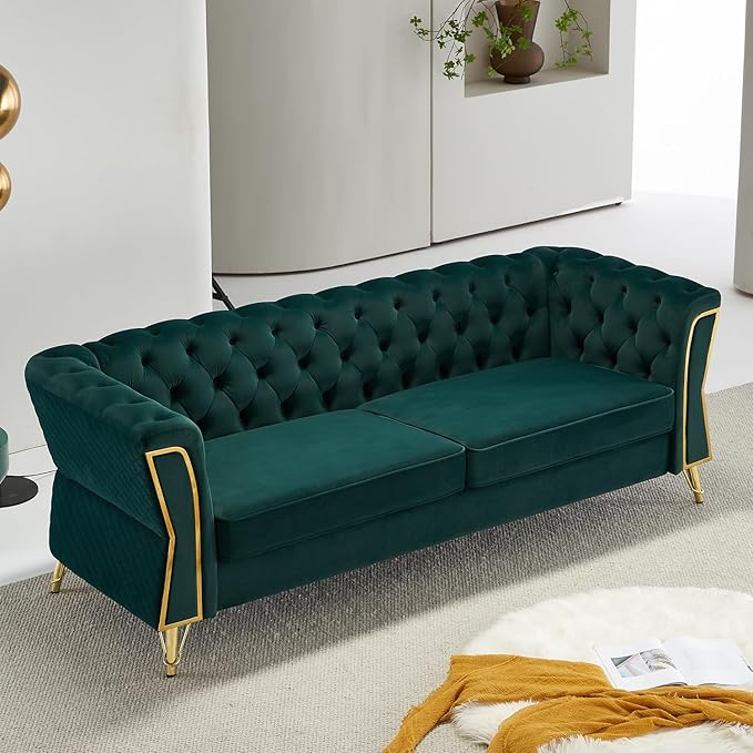 Modern Velvet Sofa Couch for Living Room 87.4 Inch Long Tufted Unique Upholstered Couch Oversized Sofa Decor Furniture with Golden Metal Legs (Green)