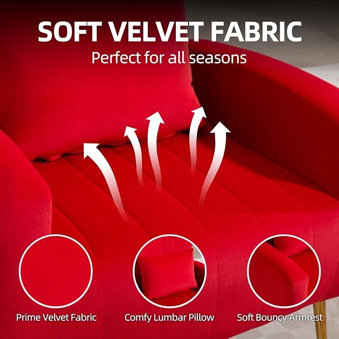 Modern Living Room Chairs Velvet Accent Chair Armchair with Lumbar Pillow High Back Bedroom Chairs Vanity Chair Barrel Chair Arm Chair with Gold Legs Red