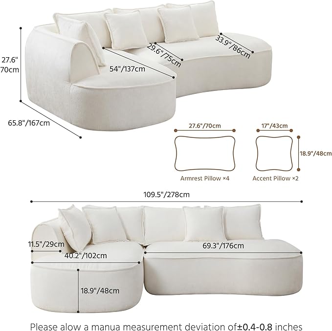 Modern Luxurious Oversized Boneless Couches Sectional Curved Sofa with 6 Pillows L-Shape Boneless Couch with Deep Seat High-Density Memory Foam No Assembly Required Chenille (White)