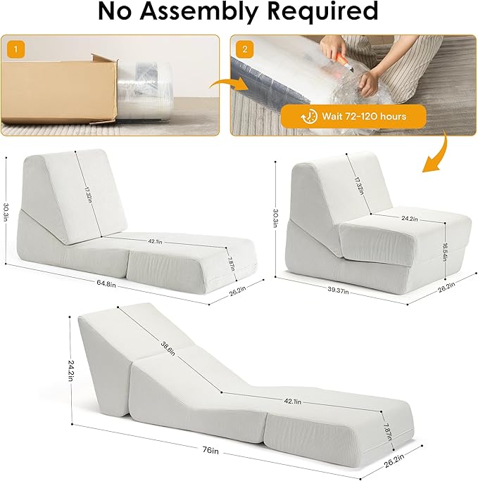 Folding Sofa Bed Convertible Sleeper Chair with Back Support Multifunctional Chaise Lounge Chair Corduroy Single Floor Couch for Small Space Apartment Dorm Office White