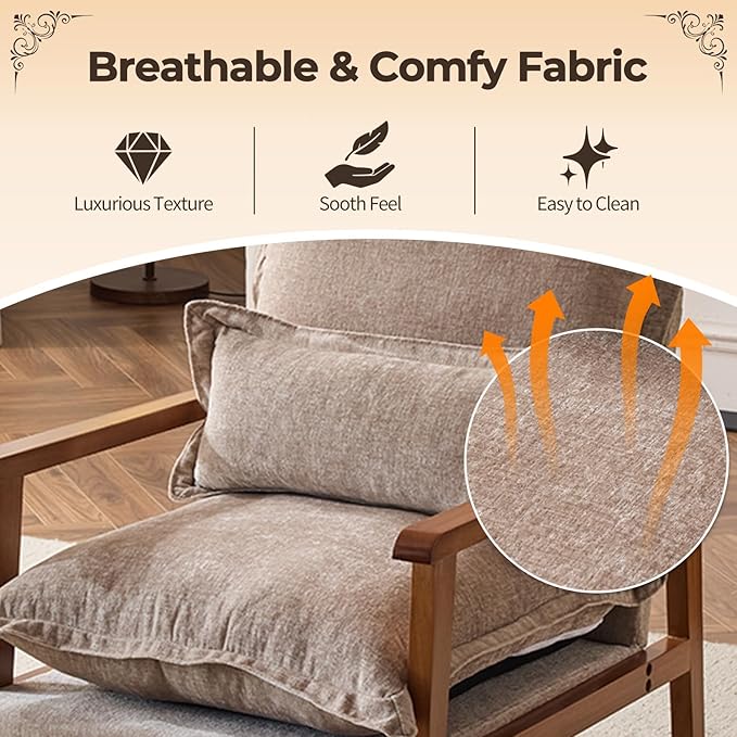 Karl home Plush Chenille Accent Chair with Lumbar Pillow &amp Ruffled Design Cozy Lounge Chair for Living Room Bedroom Reading Corner Khaki