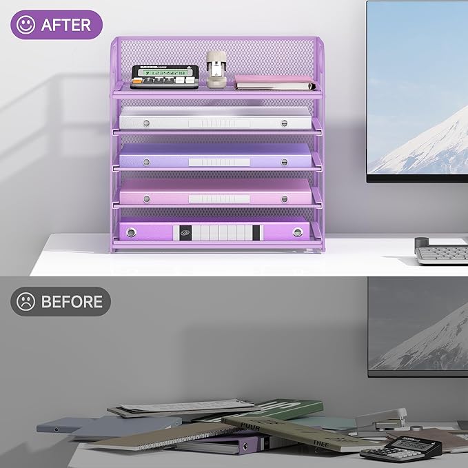 Lavatino Desk Letter Tray Paper Organizer 5-Tier with Handle Metal Mesh Desktop File Organizer Paper Holder for Classroom Office Desk Accessories- Purple