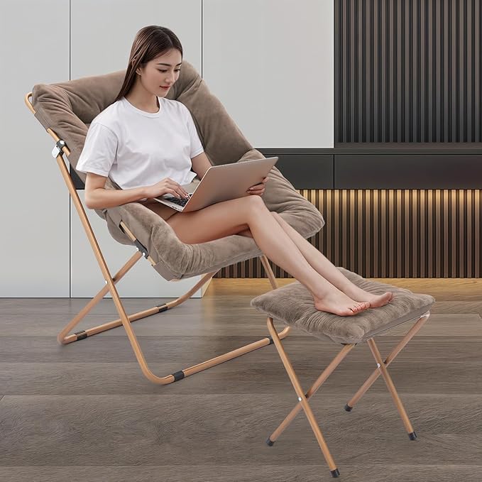 MoNiBloom Square Folding Faux Fur Saucer Chair for Bedroom Living Room Dorm Foldable Metal Frame Oversized Large Comfy Furry Padded Soft Cozy Moon Chair with Footrest Ottoman for Adults (Beige 2 Set)