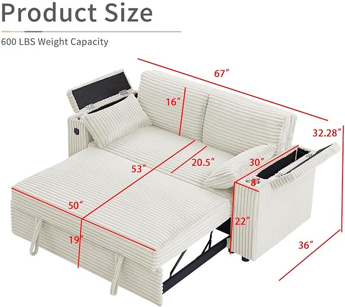 68.11 Corduroy Sleeper Chair Bed with USB Port Cup Holders &amp Side Storage Pockets – 3-in-1 Foldable Sofa Bed for Guest Room Living Room – White